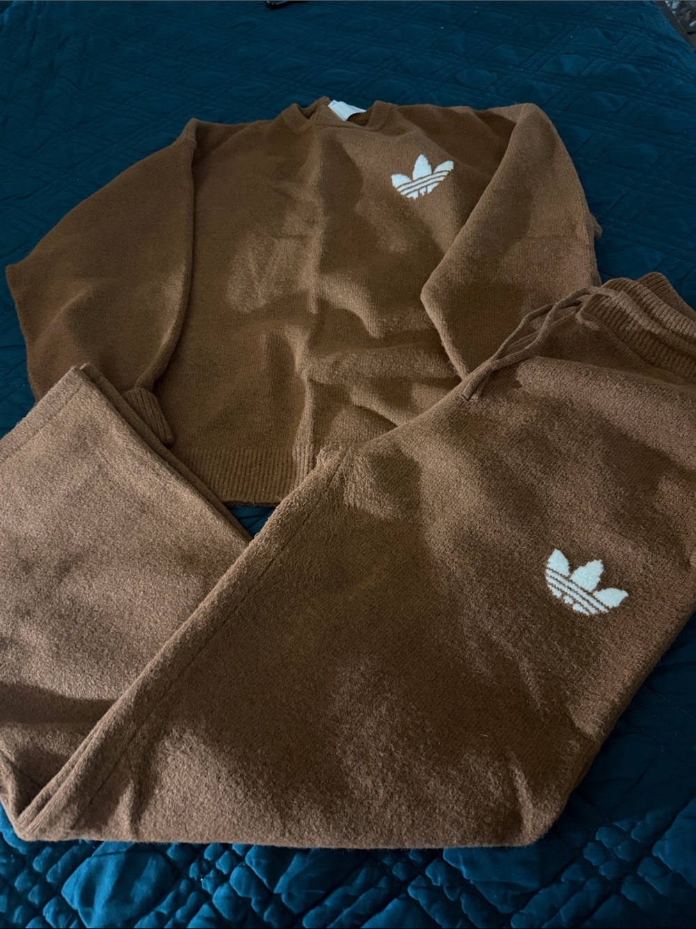 adidas Brown Knit Sweatpants & Sweatshirt Set with White Trefoil